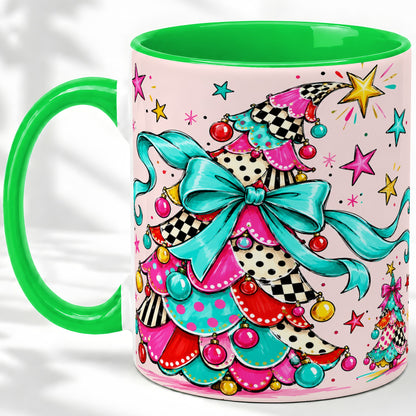#pl[11oz|Green] Whimsical Christmas Tree Accent Ceramic Mug, Colorful Bow