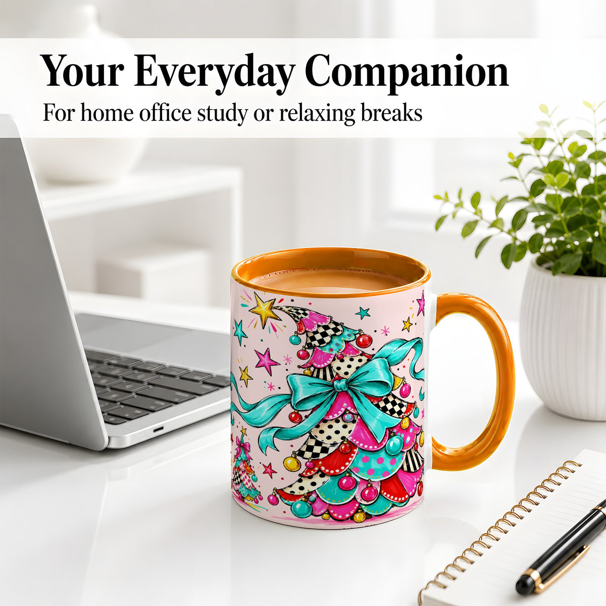#pl[11oz|Orange] Whimsical Christmas Tree Accent Ceramic Mug, Colorful Bow