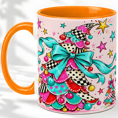 #pl[11oz|Orange] Whimsical Christmas Tree Accent Ceramic Mug, Colorful Bow