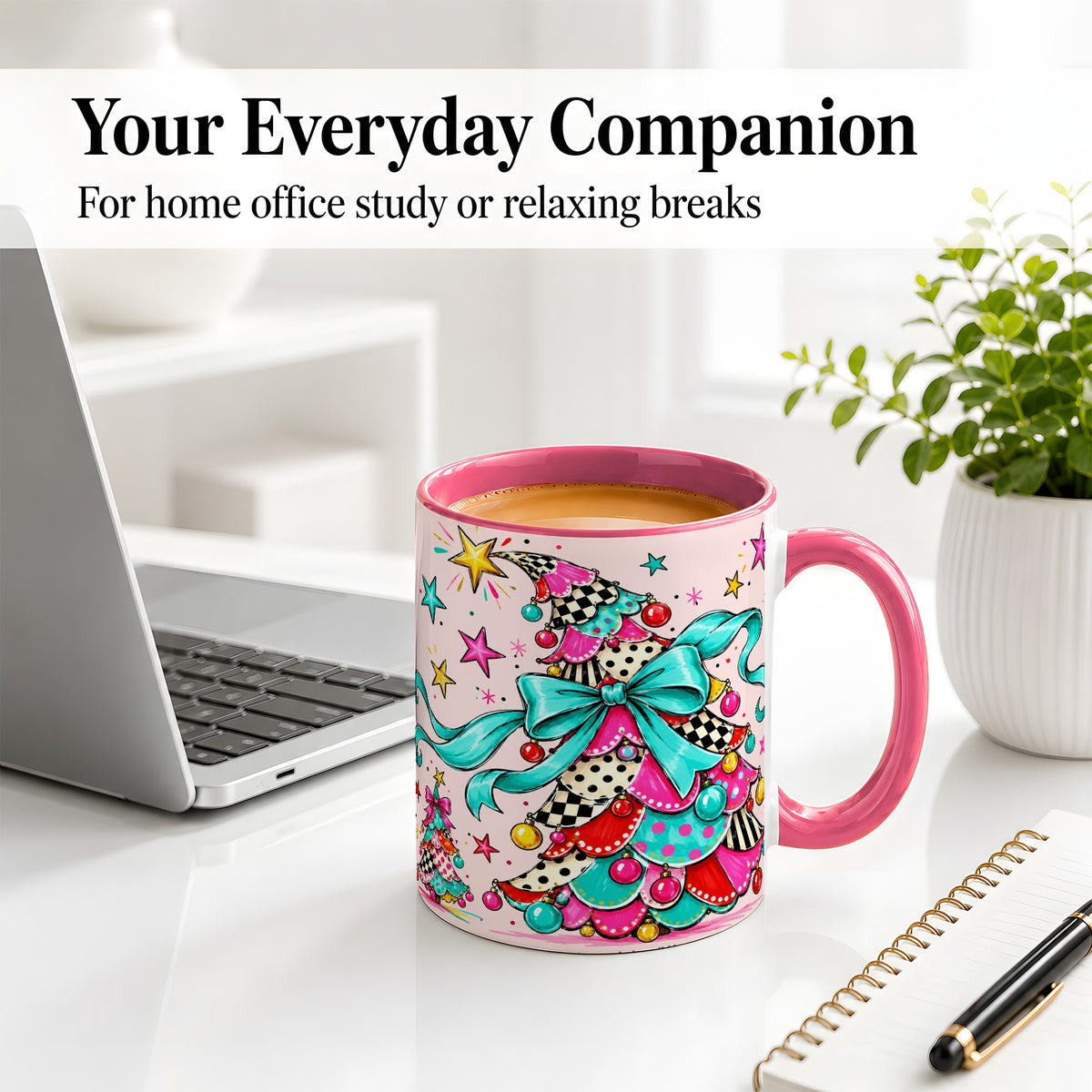 #pl[11oz|Pink] Whimsical Christmas Tree Accent Ceramic Mug, Colorful Bow