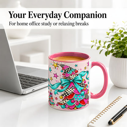 #pl[11oz|Pink] Whimsical Christmas Tree Accent Ceramic Mug, Colorful Bow