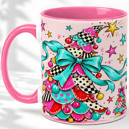 #pl[11oz|Pink] Whimsical Christmas Tree Accent Ceramic Mug, Colorful Bow