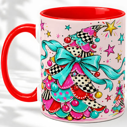 Whimsical Christmas Tree Accent Ceramic Mug, Colorful Bow
