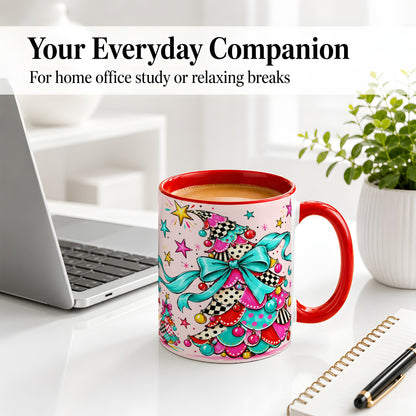 #pl[11oz|Red] Whimsical Christmas Tree Accent Ceramic Mug, Colorful Bow