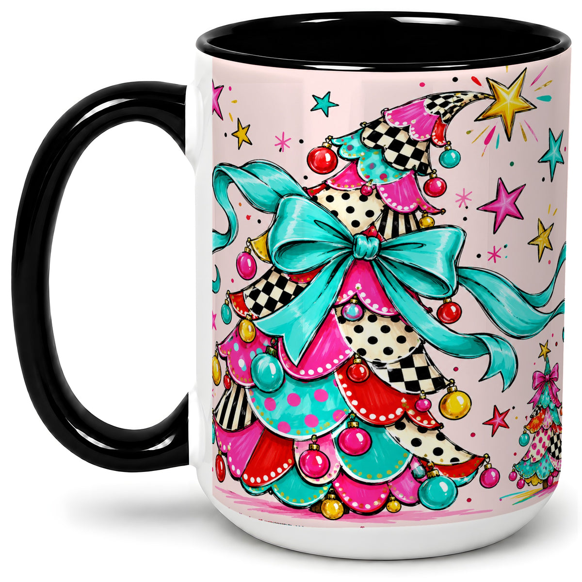 #pl[15oz|Black] Whimsical Christmas Tree Accent Ceramic Mug, Colorful Bow