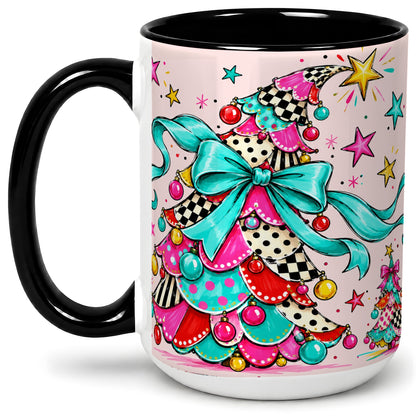 #pl[15oz|Black] Whimsical Christmas Tree Accent Ceramic Mug, Colorful Bow