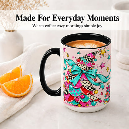 #pl[15oz|Black] Whimsical Christmas Tree Accent Ceramic Mug, Colorful Bow