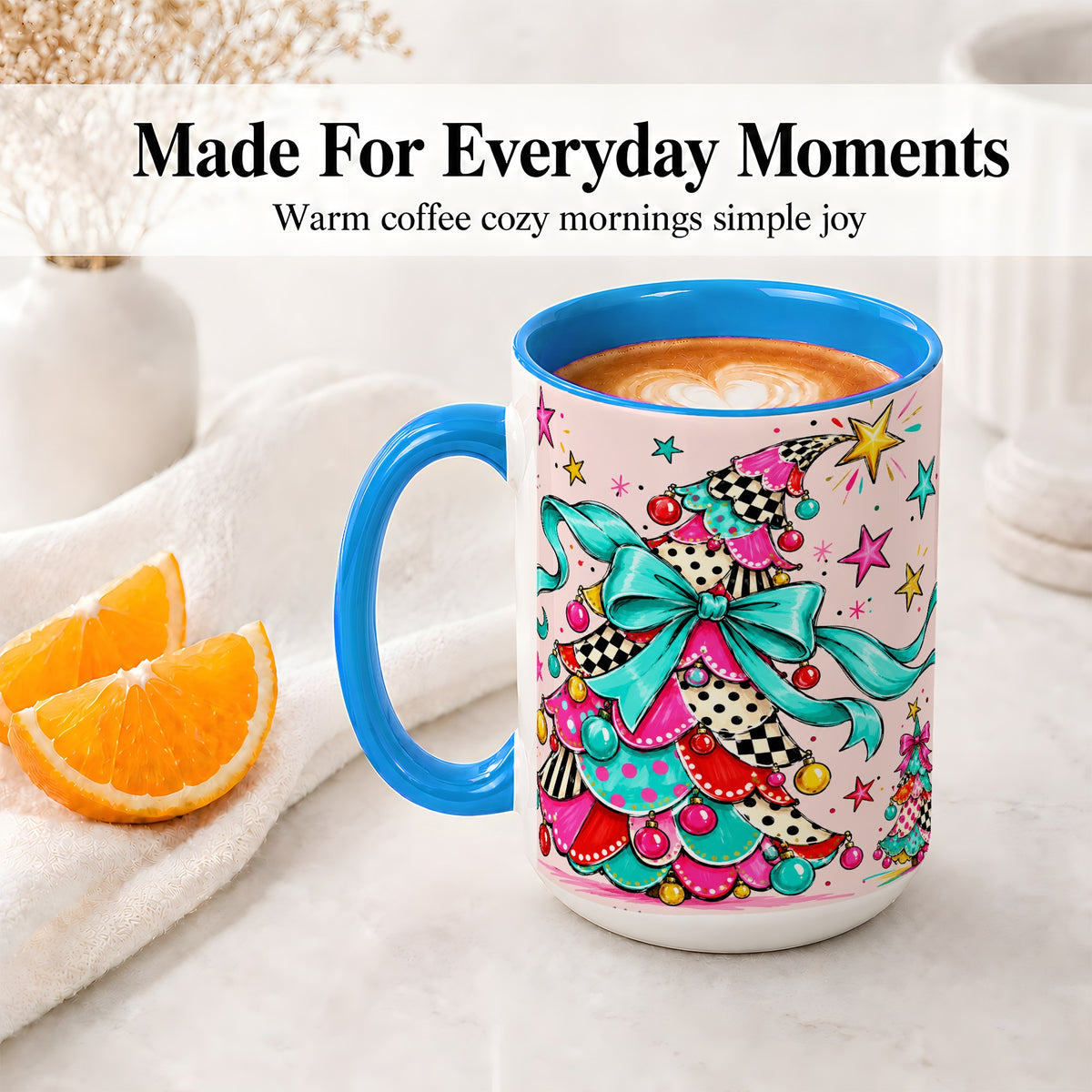 #pl[15oz|Blue] Whimsical Christmas Tree Accent Ceramic Mug, Colorful Bow