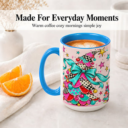 #pl[15oz|Blue] Whimsical Christmas Tree Accent Ceramic Mug, Colorful Bow