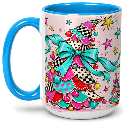 #pl[15oz|Blue] Whimsical Christmas Tree Accent Ceramic Mug, Colorful Bow