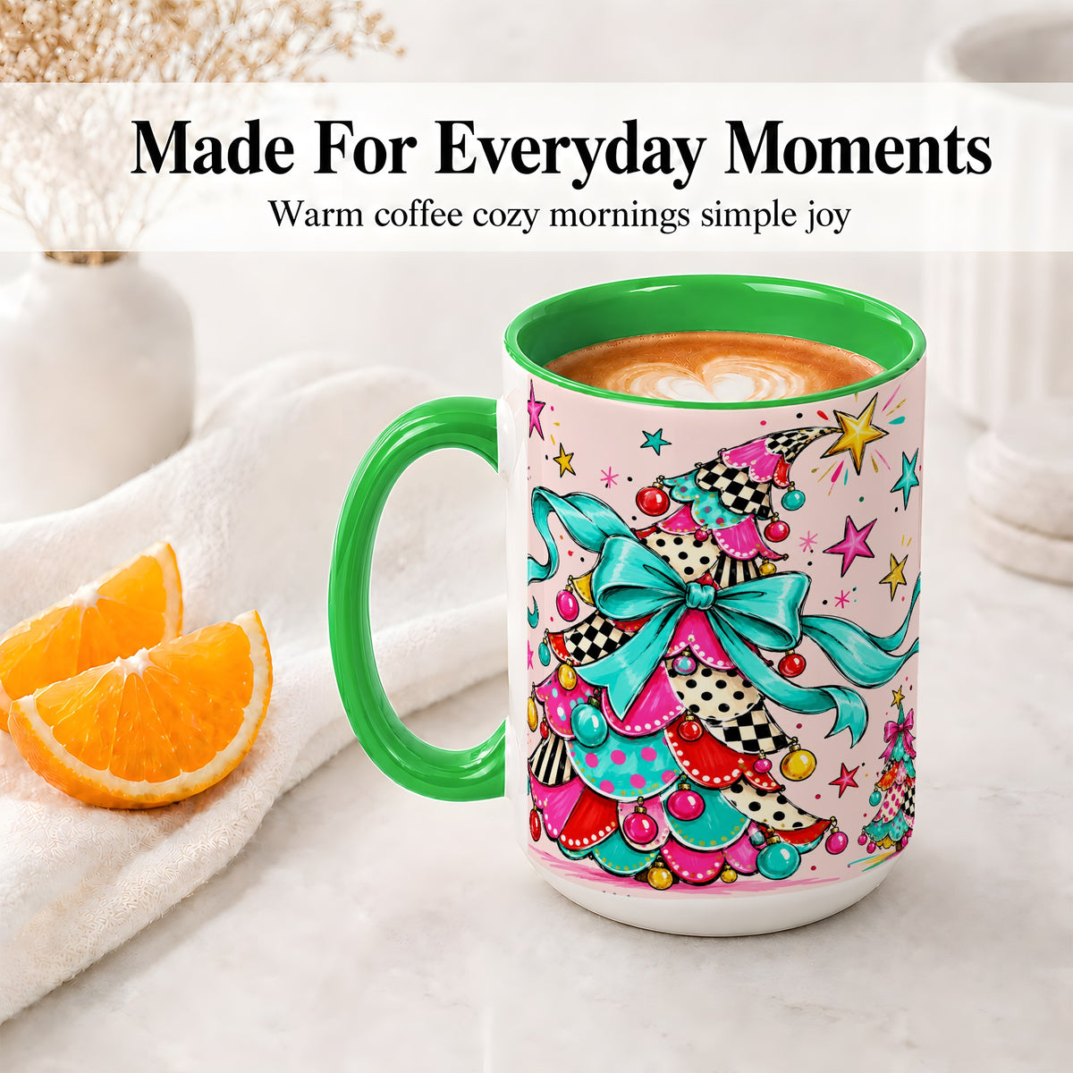 #pl[15oz|Green] Whimsical Christmas Tree Accent Ceramic Mug, Colorful Bow