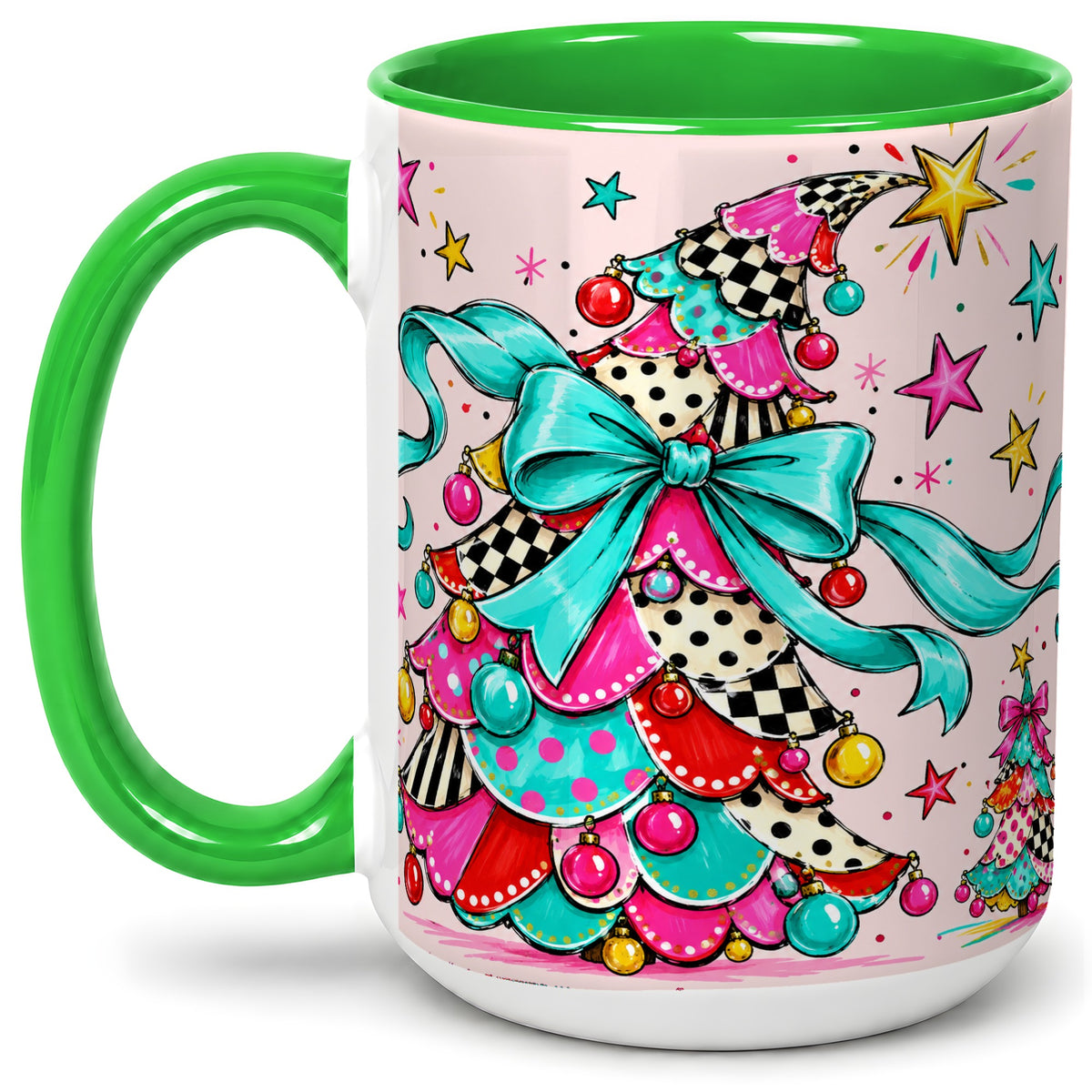 #pl[15oz|Green] Whimsical Christmas Tree Accent Ceramic Mug, Colorful Bow