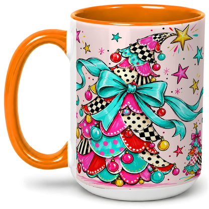 #pl[15oz|Orange] Whimsical Christmas Tree Accent Ceramic Mug, Colorful Bow