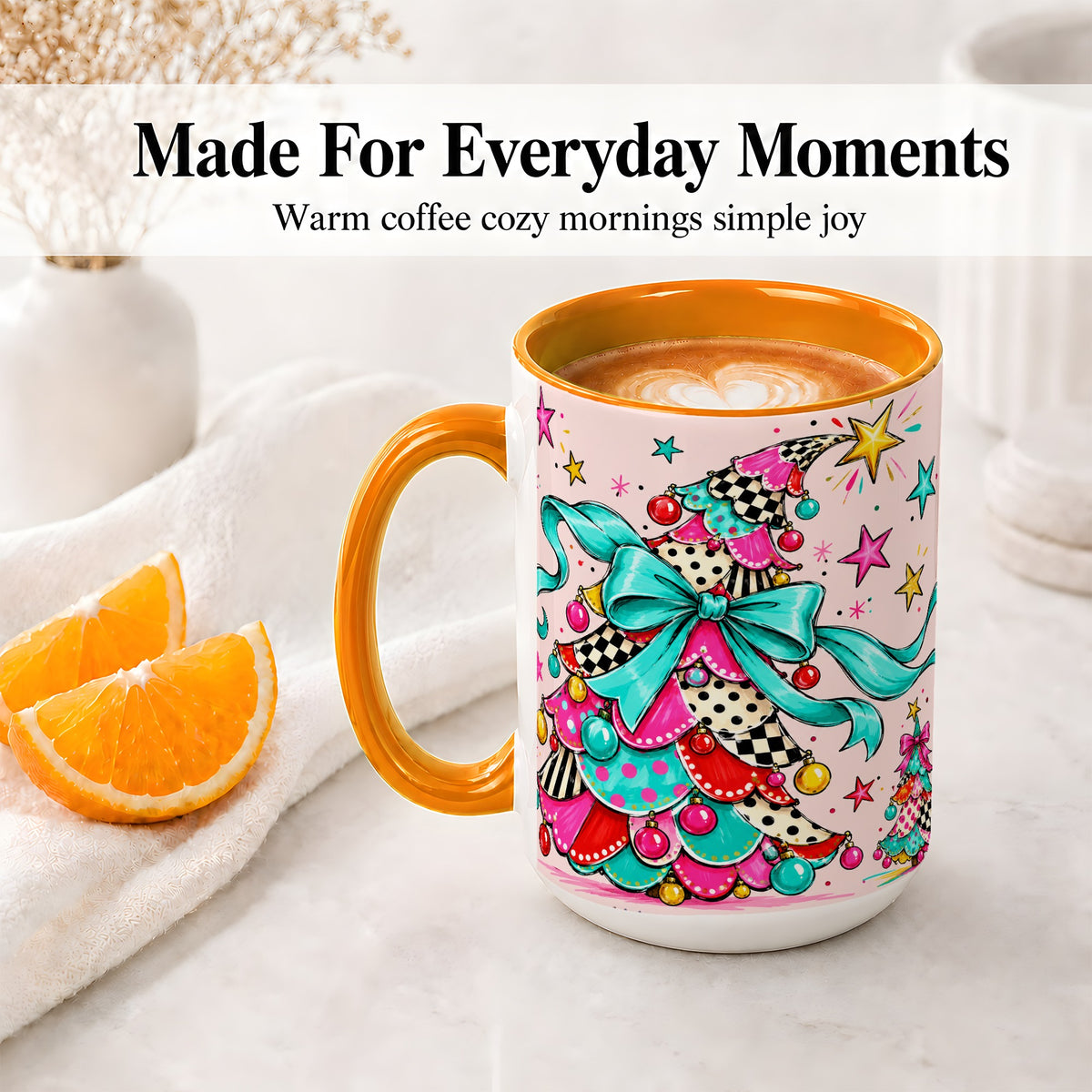 #pl[15oz|Orange] Whimsical Christmas Tree Accent Ceramic Mug, Colorful Bow