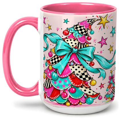 #pl[15oz|Pink] Whimsical Christmas Tree Accent Ceramic Mug, Colorful Bow