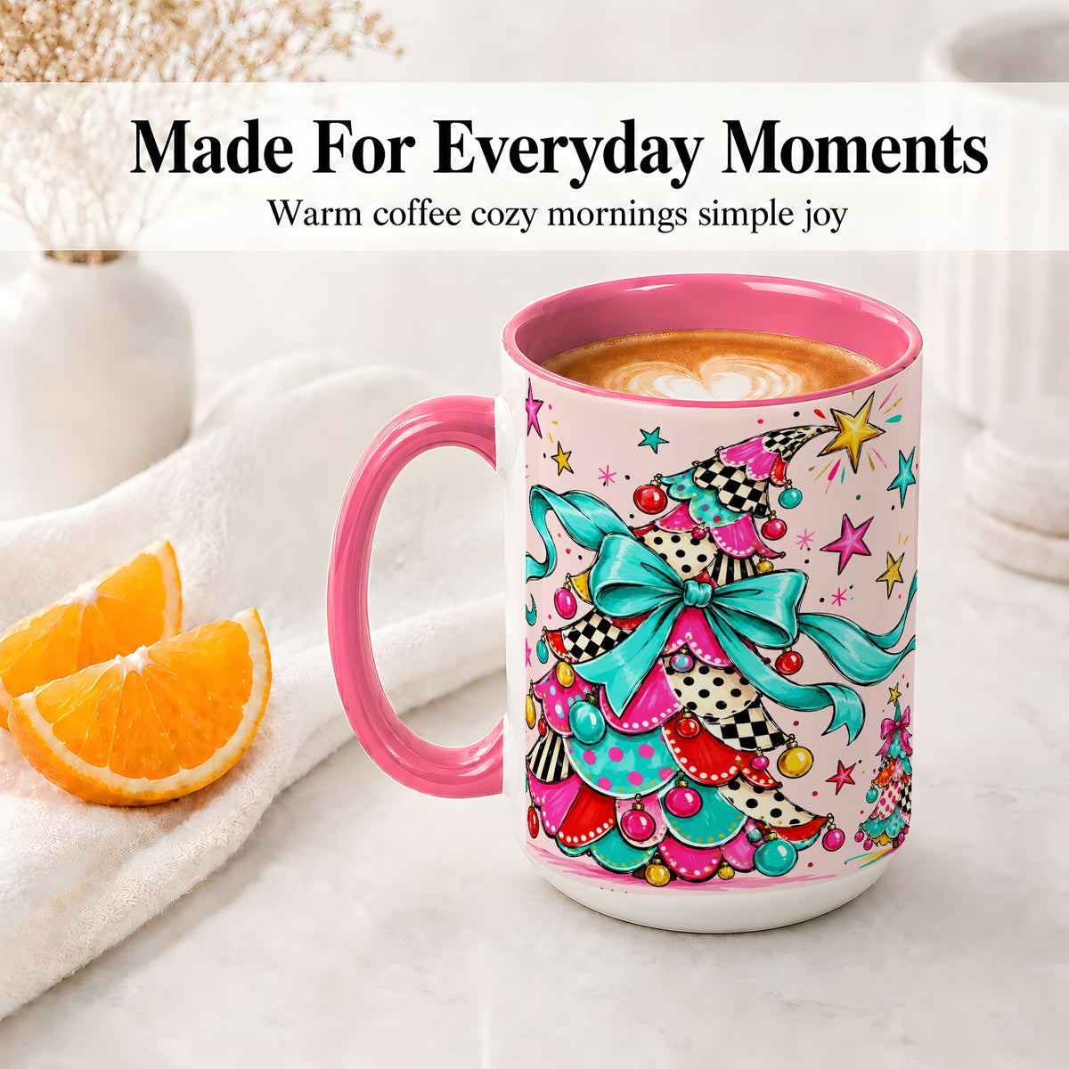 #pl[15oz|Pink] Whimsical Christmas Tree Accent Ceramic Mug, Colorful Bow