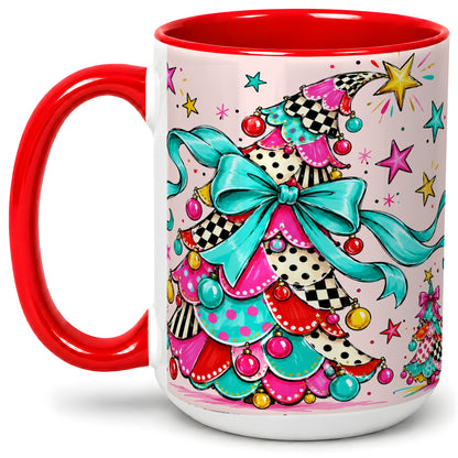 #pl[15oz|Red] Whimsical Christmas Tree Accent Ceramic Mug, Colorful Bow
