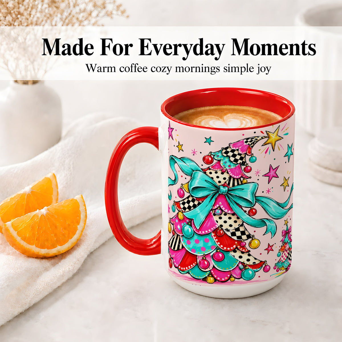#pl[15oz|Red] Whimsical Christmas Tree Accent Ceramic Mug, Colorful Bow