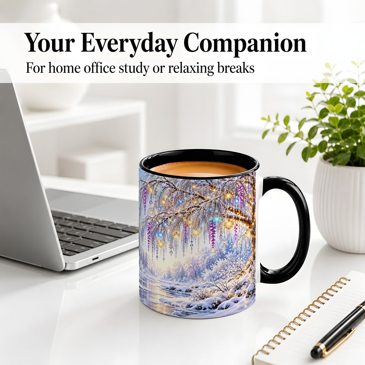 #pl[11oz|Black] Enchanted Winter Tree Accent Ceramic Mug, Hanging Lights
