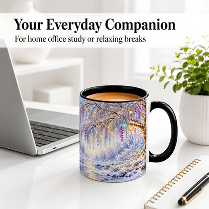 #pl[11oz|Black] Enchanted Winter Tree Accent Ceramic Mug, Hanging Lights