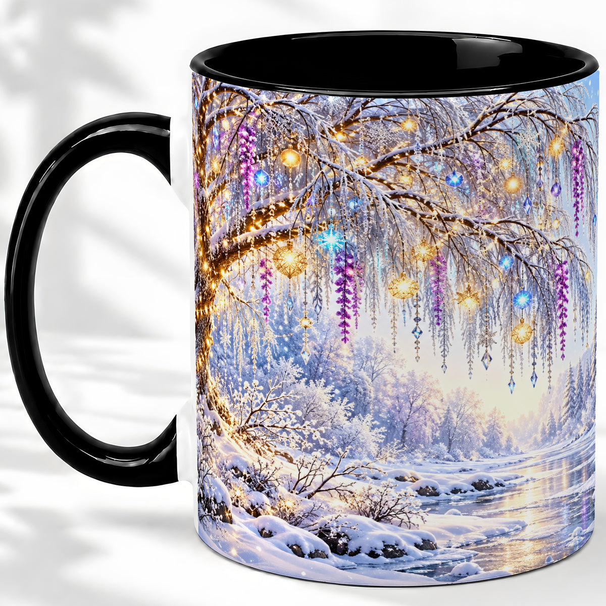 #pl[11oz|Black] Enchanted Winter Tree Accent Ceramic Mug, Hanging Lights