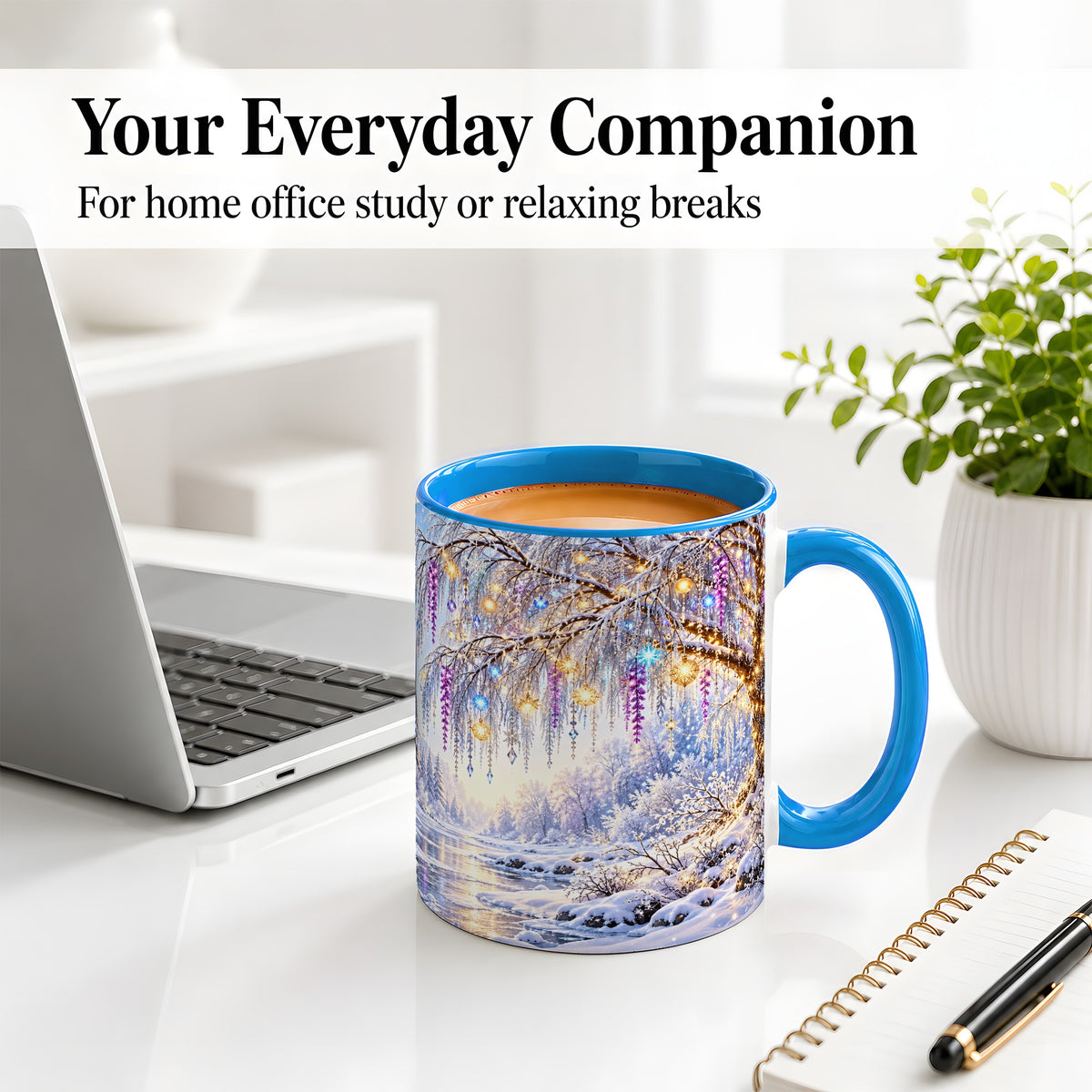 #pl[11oz|Blue] Enchanted Winter Tree Accent Ceramic Mug, Hanging Lights
