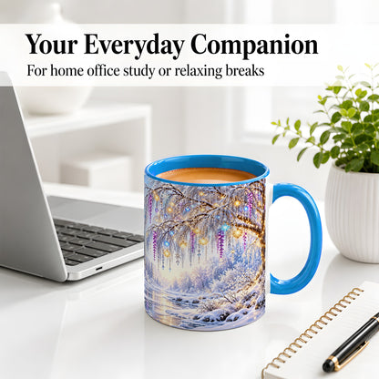 #pl[11oz|Blue] Enchanted Winter Tree Accent Ceramic Mug, Hanging Lights