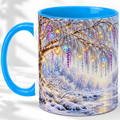 #pl[11oz|Blue] Enchanted Winter Tree Accent Ceramic Mug, Hanging Lights
