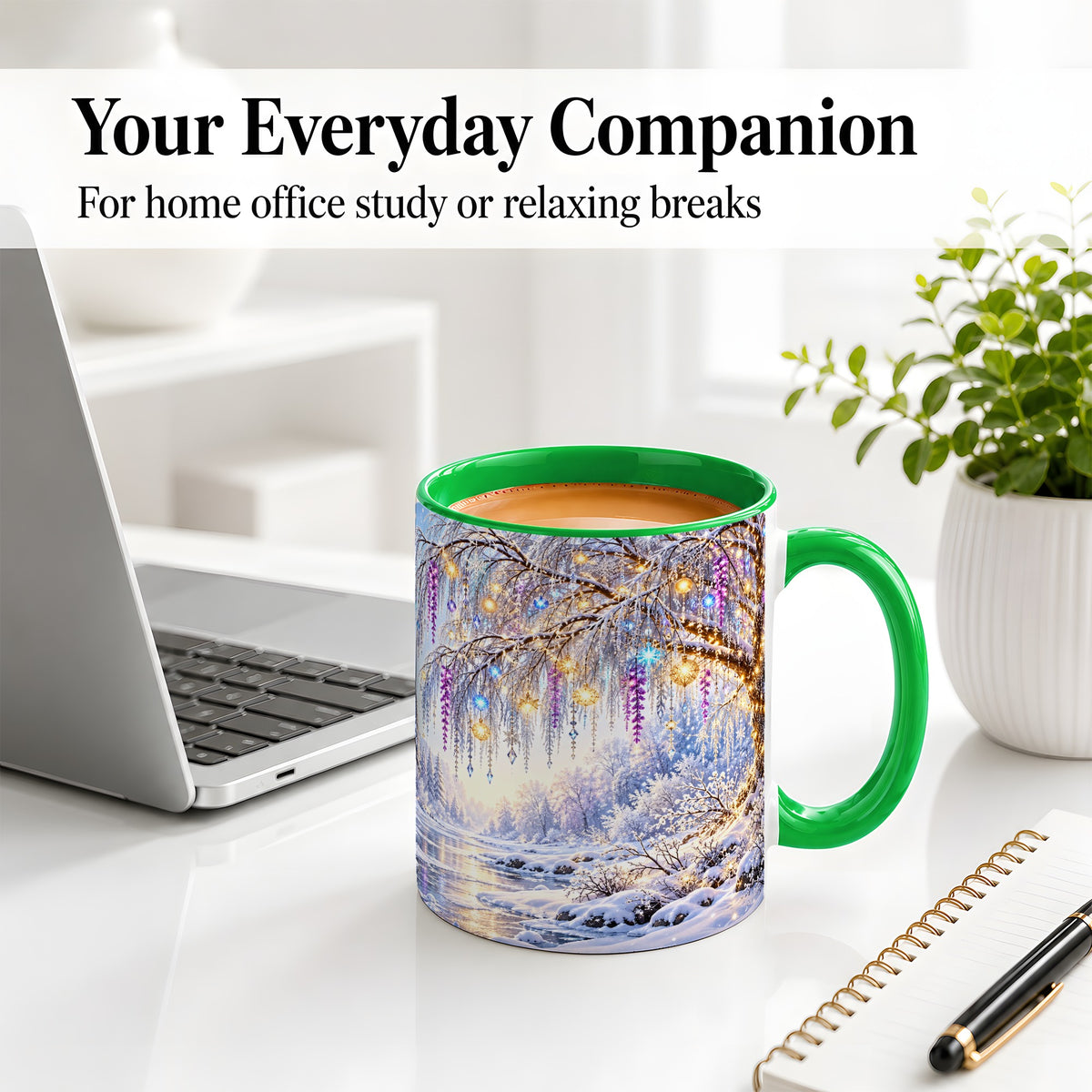 #pl[11oz|Green] Enchanted Winter Tree Accent Ceramic Mug, Hanging Lights