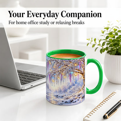 #pl[11oz|Green] Enchanted Winter Tree Accent Ceramic Mug, Hanging Lights