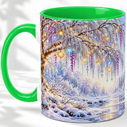 #pl[11oz|Green] Enchanted Winter Tree Accent Ceramic Mug, Hanging Lights