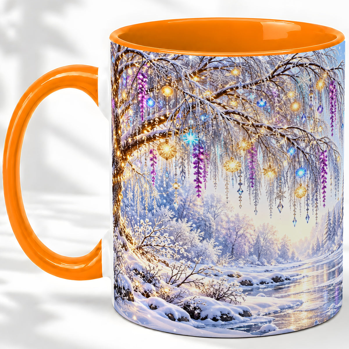#pl[11oz|Orange] Enchanted Winter Tree Accent Ceramic Mug, Hanging Lights