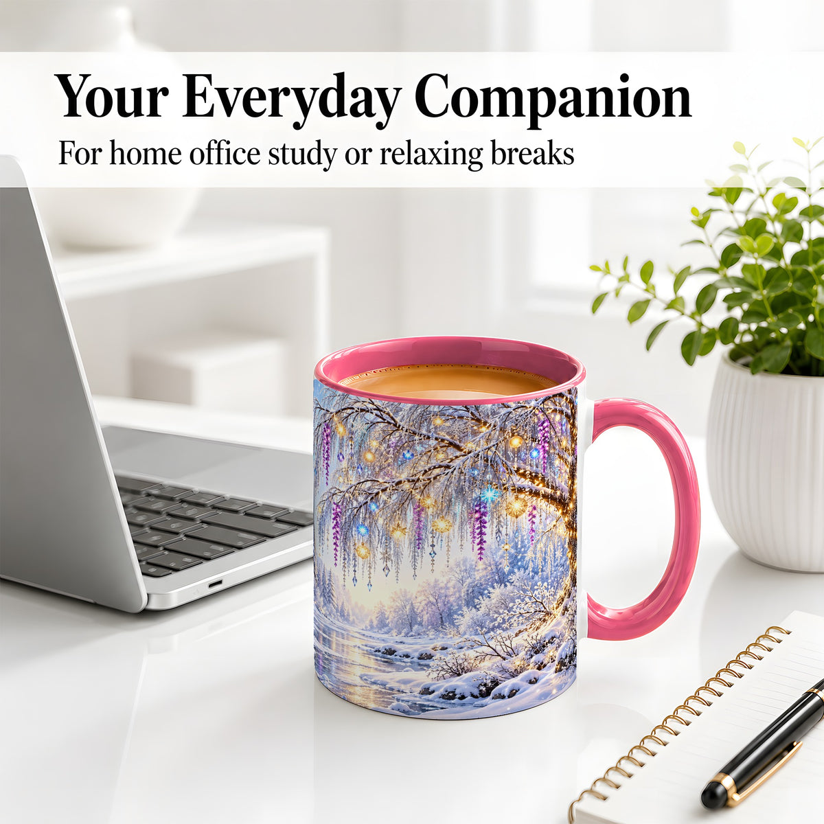 #pl[11oz|Pink] Enchanted Winter Tree Accent Ceramic Mug, Hanging Lights