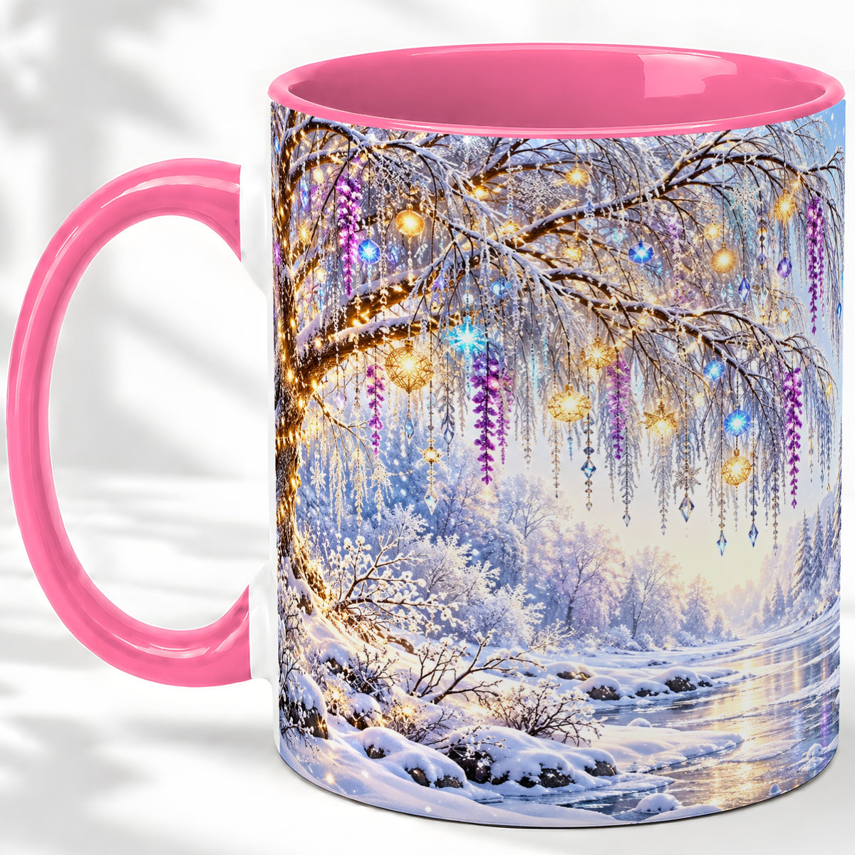 #pl[11oz|Pink] Enchanted Winter Tree Accent Ceramic Mug, Hanging Lights