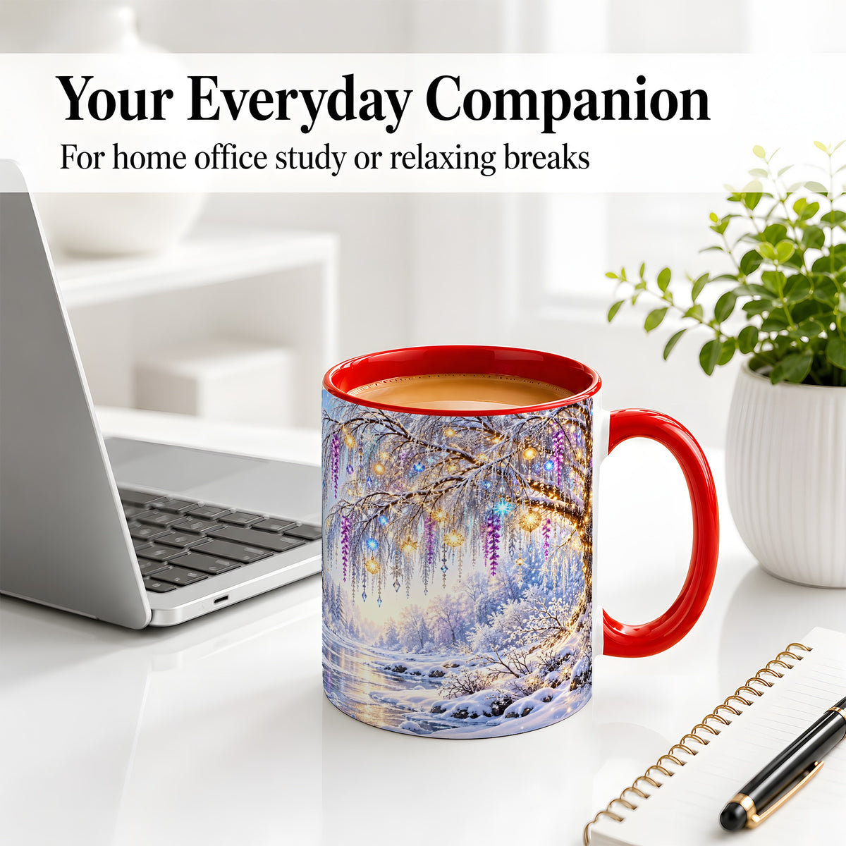 #pl[11oz|Red] Enchanted Winter Tree Accent Ceramic Mug, Hanging Lights