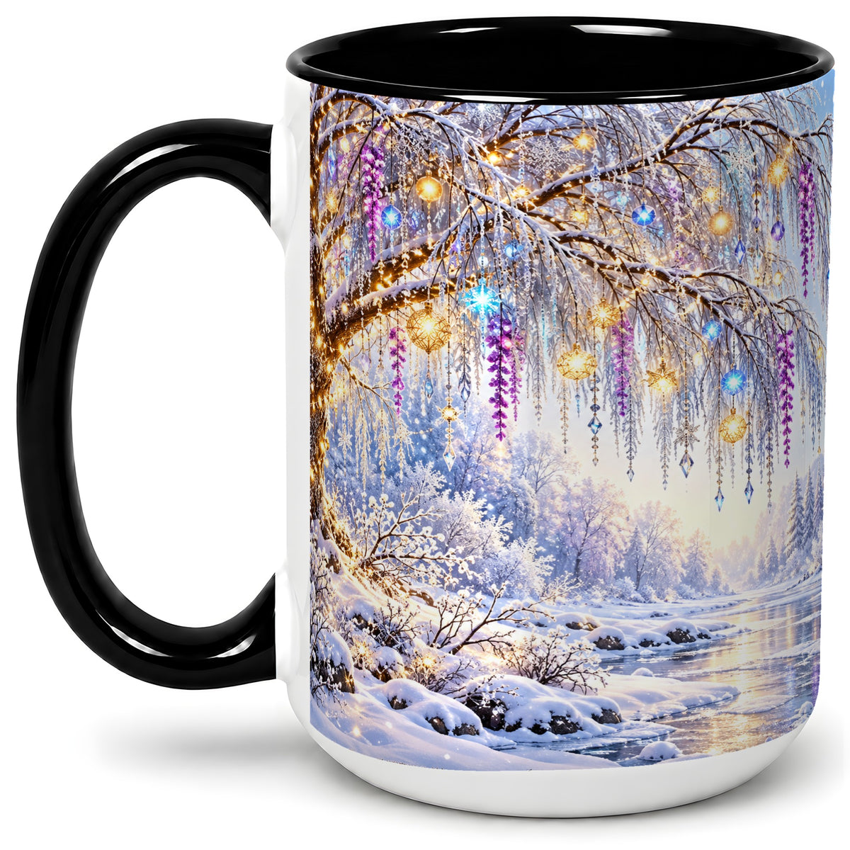#pl[15oz|Black] Enchanted Winter Tree Accent Ceramic Mug, Hanging Lights