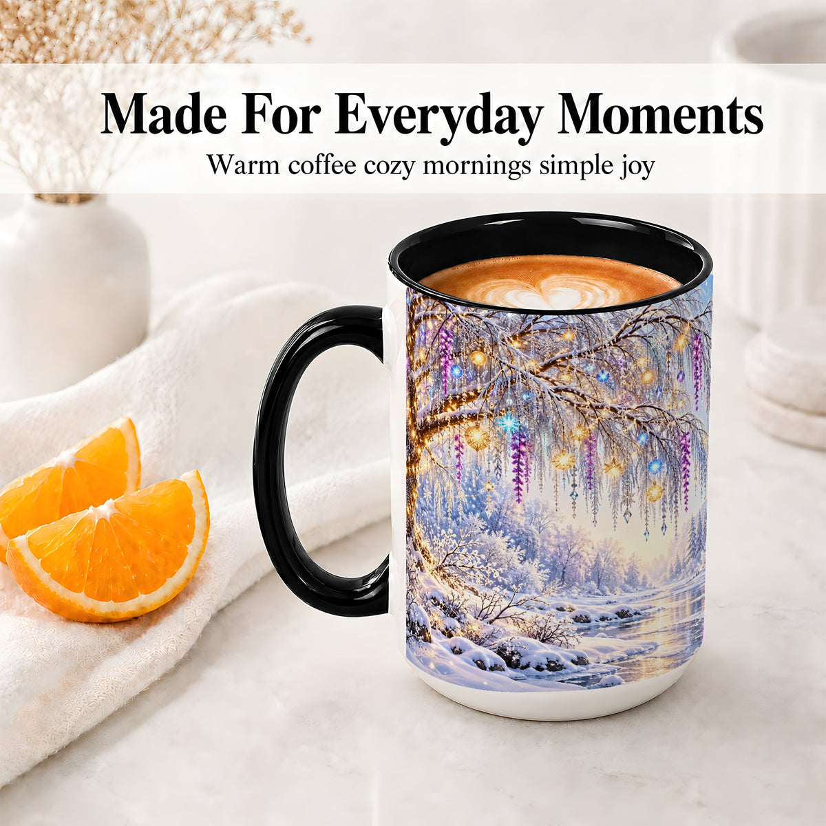 #pl[15oz|Black] Enchanted Winter Tree Accent Ceramic Mug, Hanging Lights