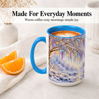 #pl[15oz|Blue] Enchanted Winter Tree Accent Ceramic Mug, Hanging Lights
