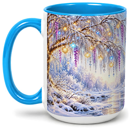 #pl[15oz|Blue] Enchanted Winter Tree Accent Ceramic Mug, Hanging Lights