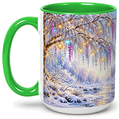 #pl[15oz|Green] Enchanted Winter Tree Accent Ceramic Mug, Hanging Lights