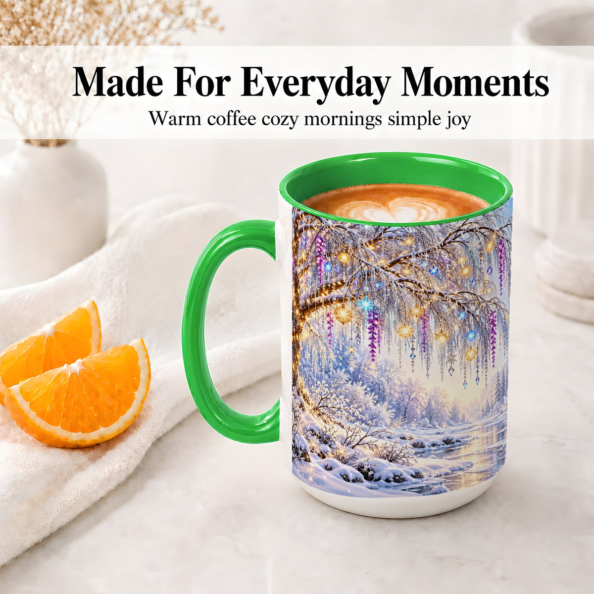 #pl[15oz|Green] Enchanted Winter Tree Accent Ceramic Mug, Hanging Lights