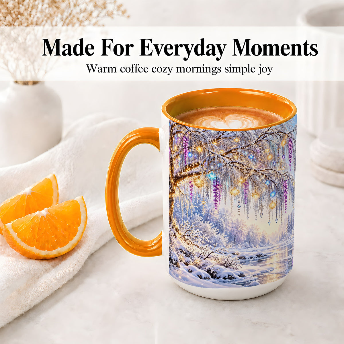 #pl[15oz|Orange] Enchanted Winter Tree Accent Ceramic Mug, Hanging Lights
