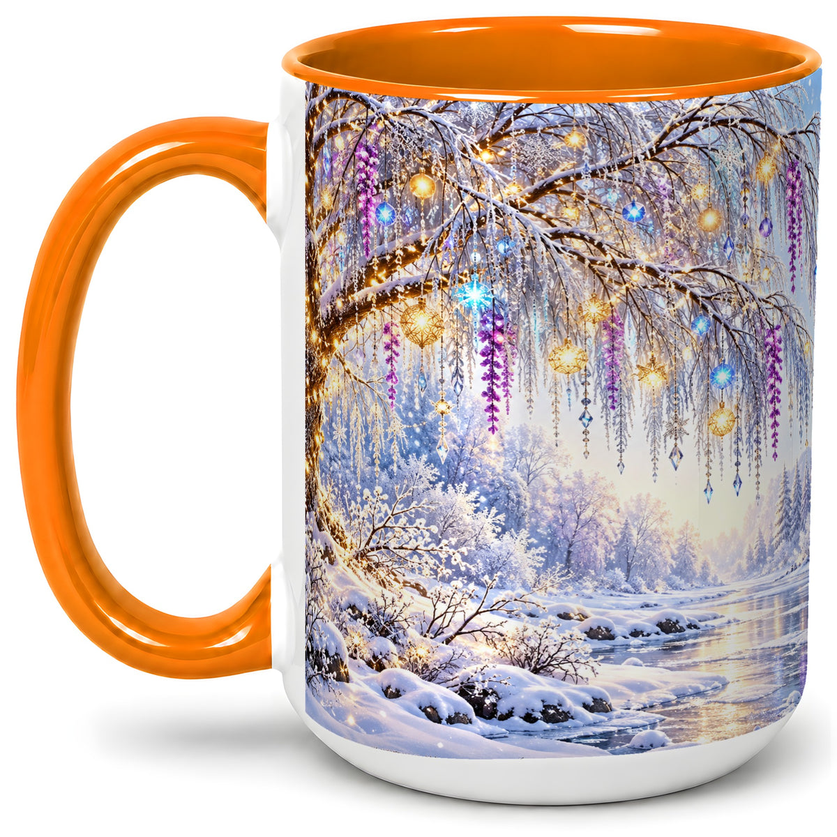 #pl[15oz|Orange] Enchanted Winter Tree Accent Ceramic Mug, Hanging Lights
