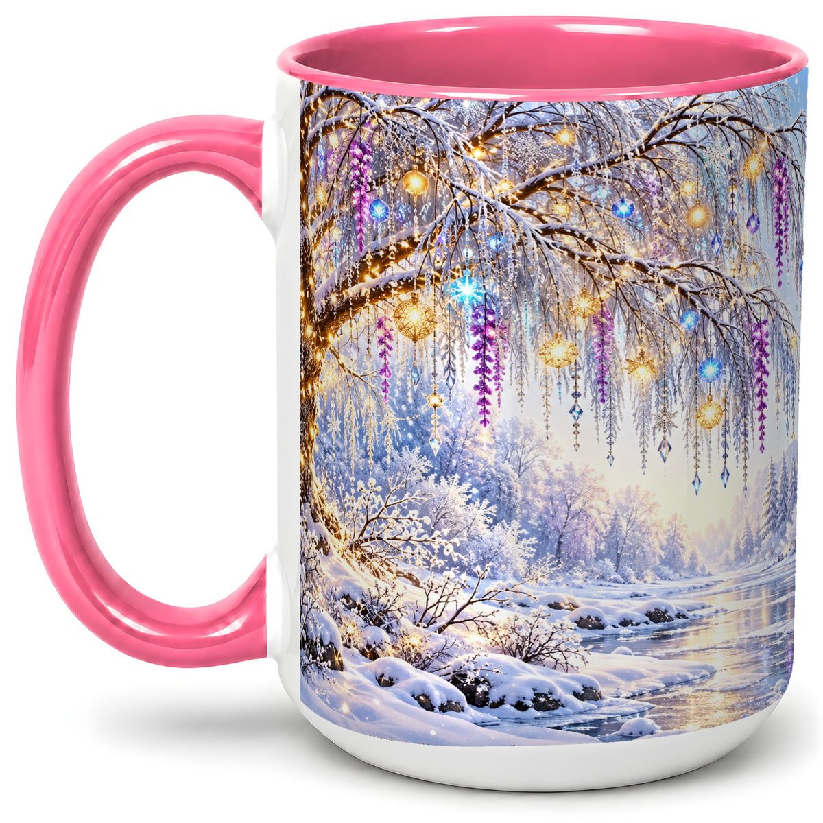 #pl[15oz|Pink] Enchanted Winter Tree Accent Ceramic Mug, Hanging Lights