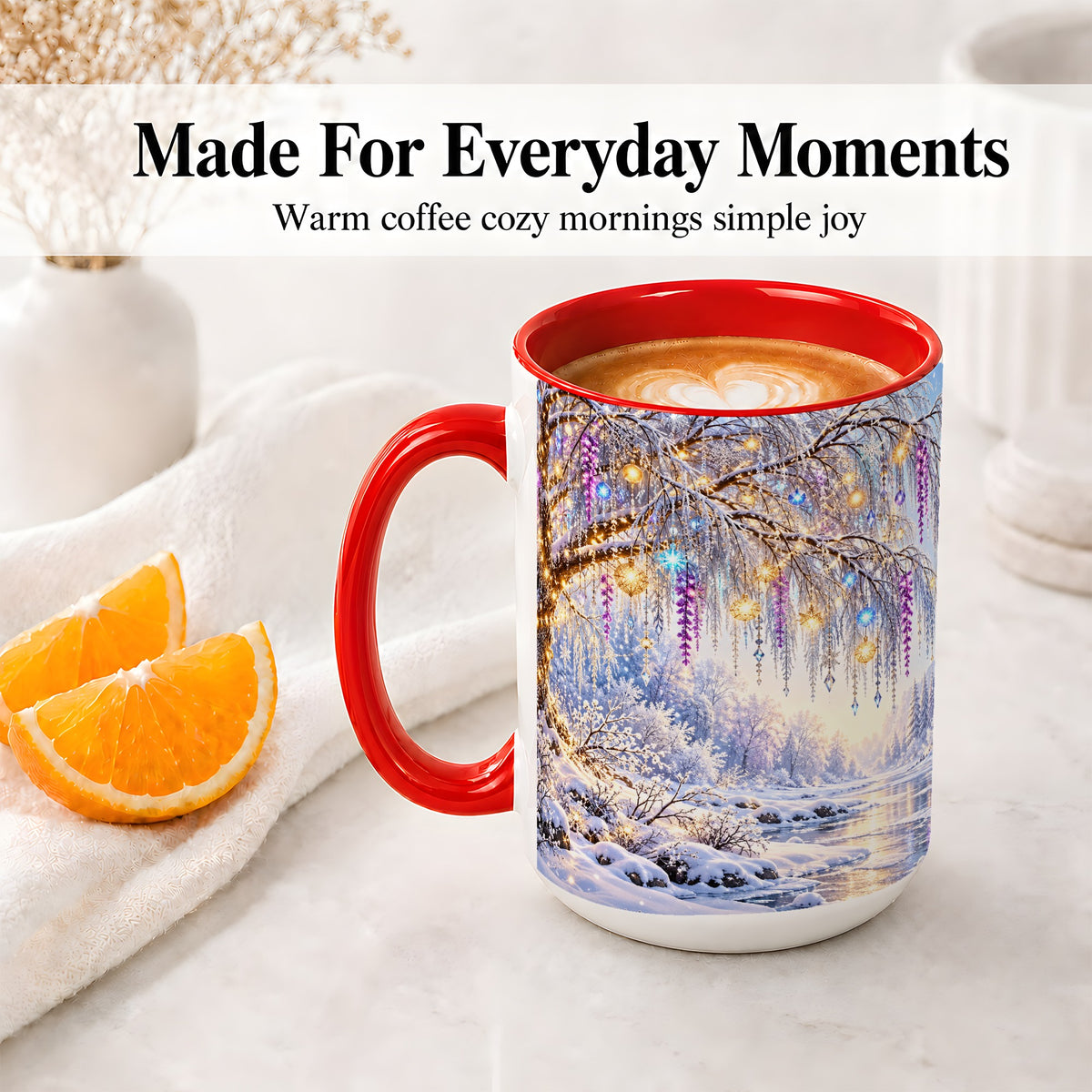 #pl[15oz|Red] Enchanted Winter Tree Accent Ceramic Mug, Hanging Lights