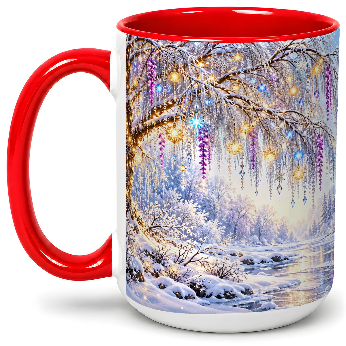 #pl[15oz|Red] Enchanted Winter Tree Accent Ceramic Mug, Hanging Lights