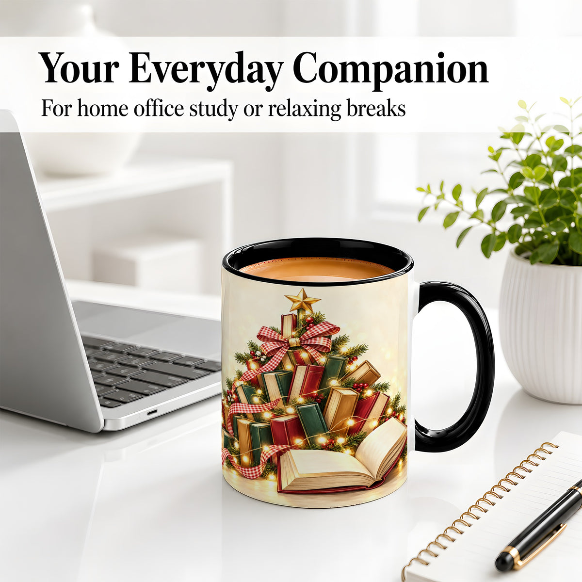 #pl[11oz|Black] Christmas Book Tree Accent Ceramic Mug, Lights and Ribbon