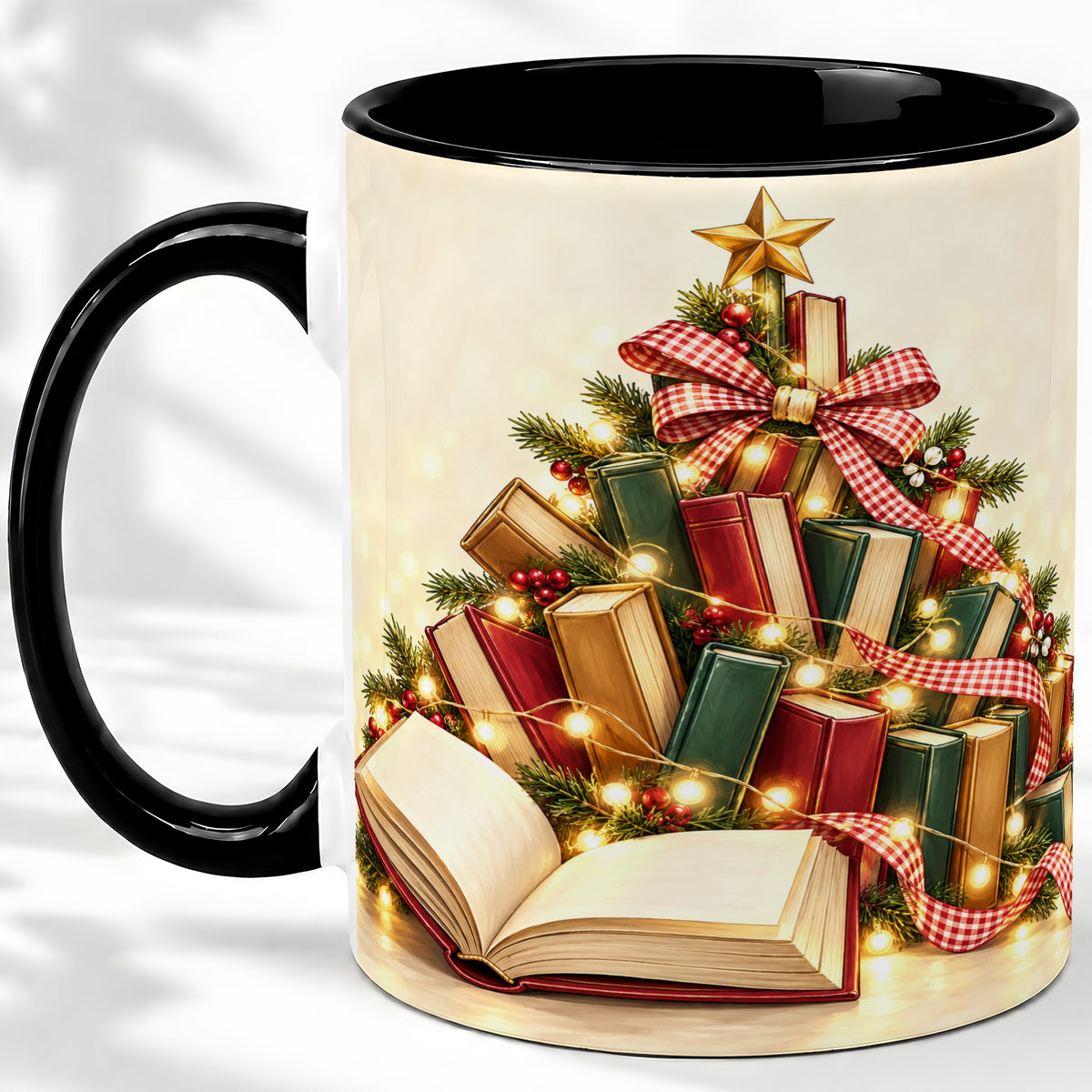 #pl[11oz|Black] Christmas Book Tree Accent Ceramic Mug, Lights and Ribbon