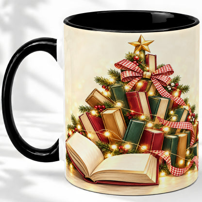#pl[11oz|Black] Christmas Book Tree Accent Ceramic Mug, Lights and Ribbon
