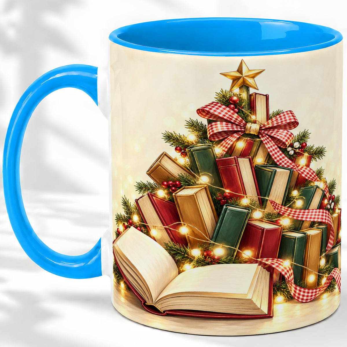 #pl[11oz|Blue] Christmas Book Tree Accent Ceramic Mug, Lights and Ribbon